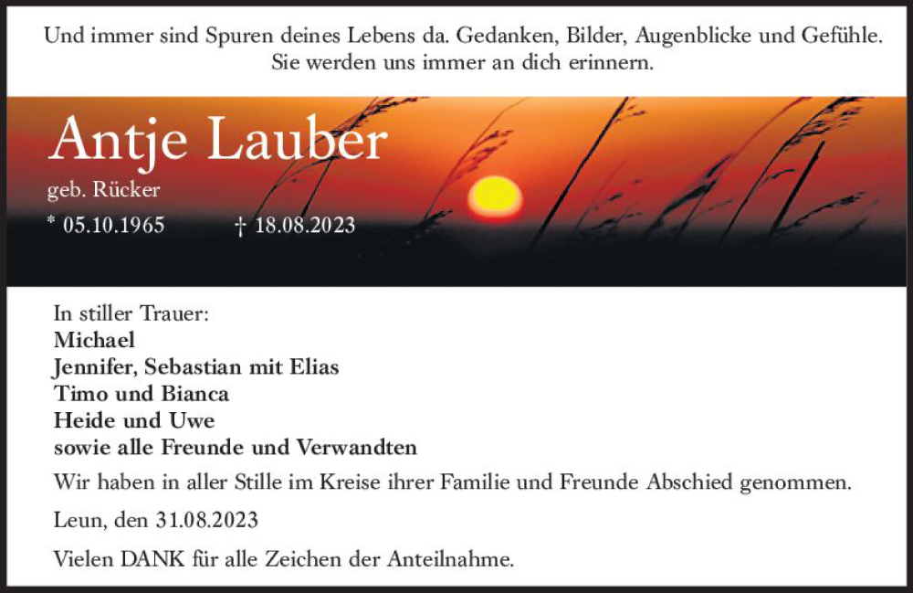  Traueranzeige für Antje Lauber vom 31.08.2023 aus Wetzlarer Neue Zeitung