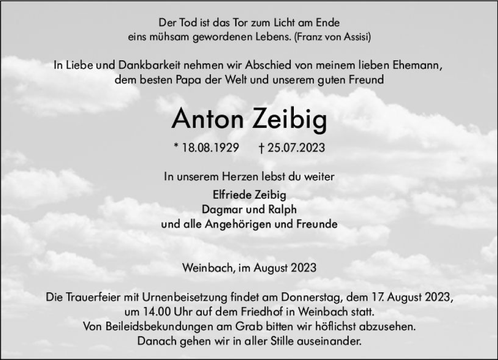  Traueranzeige für Anton Zeibig vom 12.08.2023 aus Weilburger Tageblatt