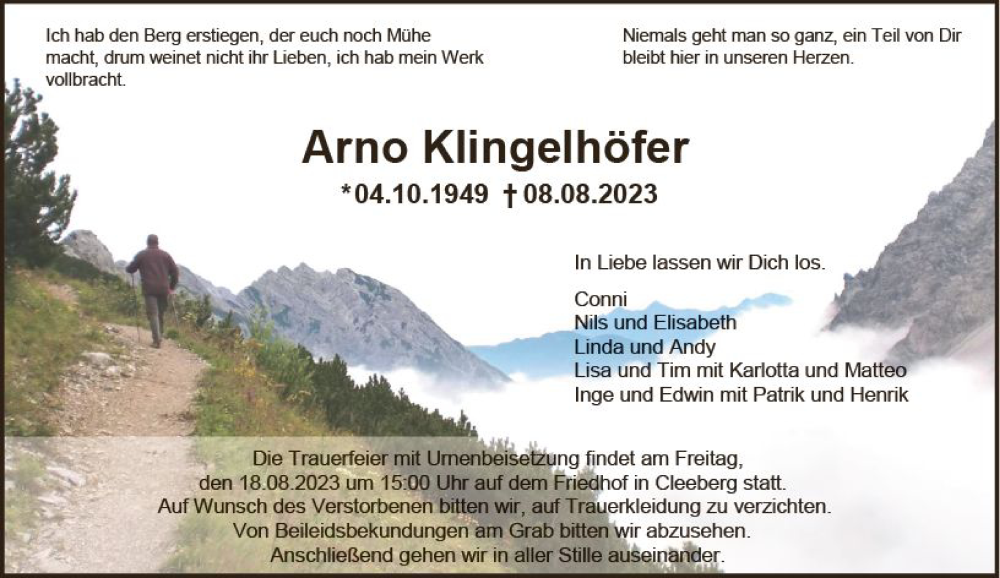  Traueranzeige für Arno Klingelhöfer vom 12.08.2023 aus Wetzlarer Neue Zeitung