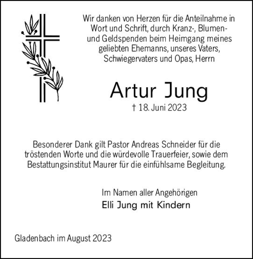  Traueranzeige für Artur Jung vom 12.08.2023 aus Hinterländer Anzeiger