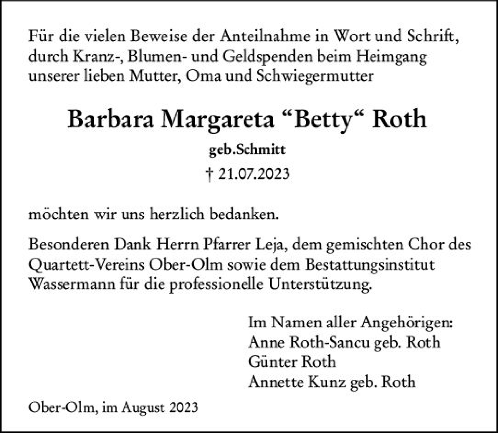  Traueranzeige für Barbara Margareta Roth vom 19.08.2023 aus Allgemeine Zeitung Mainz