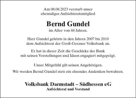 Traueranzeige von Bernd Gundel von Groß-Gerauer Echo