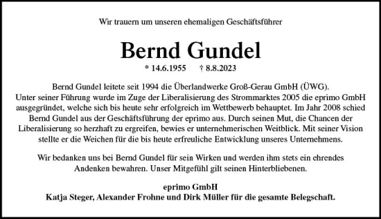 Traueranzeige von Bernd Gundel von Rüsselsheimer Echo