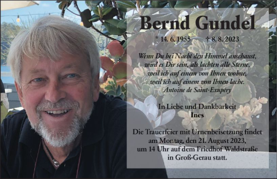 Traueranzeige von Bernd Gundel von Groß-Gerauer Echo