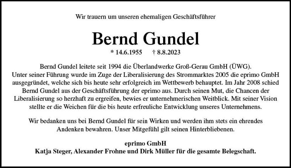  Traueranzeige für Bernd Gundel vom 12.08.2023 aus Rüsselsheimer Echo