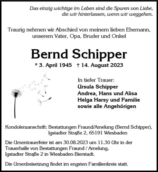 Traueranzeige von Bernd Schipper von Wiesbadener Kurier