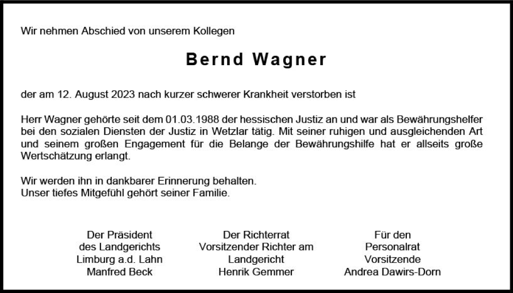  Traueranzeige für Bernd Wagner vom 23.08.2023 aus Nassauische Neue Presse