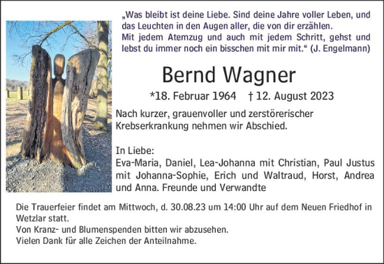 Traueranzeige von Bernd Wagner von Wetzlarer Neue Zeitung