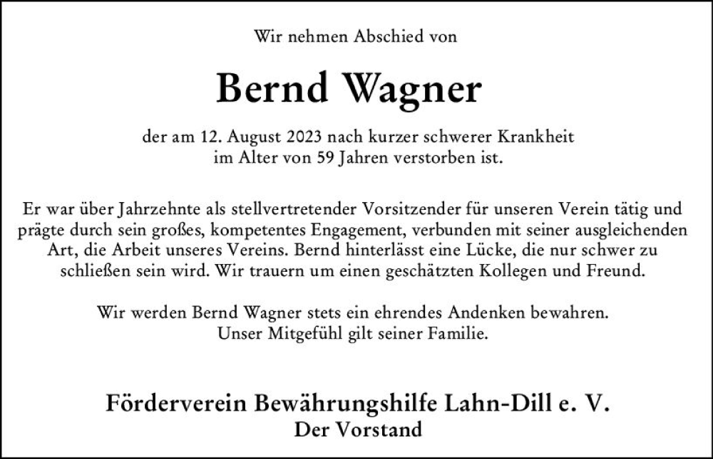  Traueranzeige für Bernd Wagner vom 26.08.2023 aus Wetzlarer Neue Zeitung