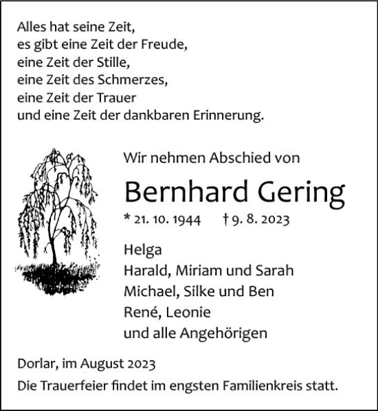Traueranzeige von Bernhard Gering von Wetzlarer Neue Zeitung