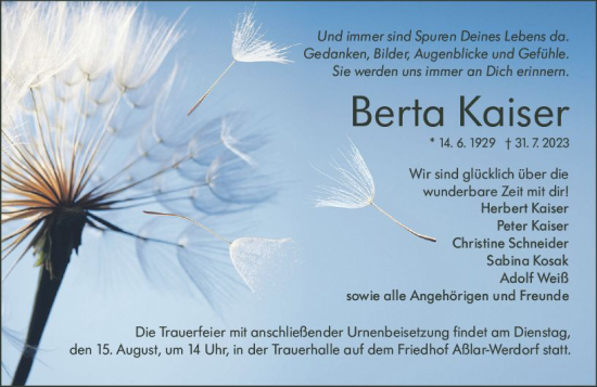 Traueranzeige von Berta Kaiser von Wetzlarer Neue Zeitung