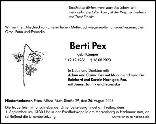 Traueranzeige von Berti Pex von Nassauische Neue Presse