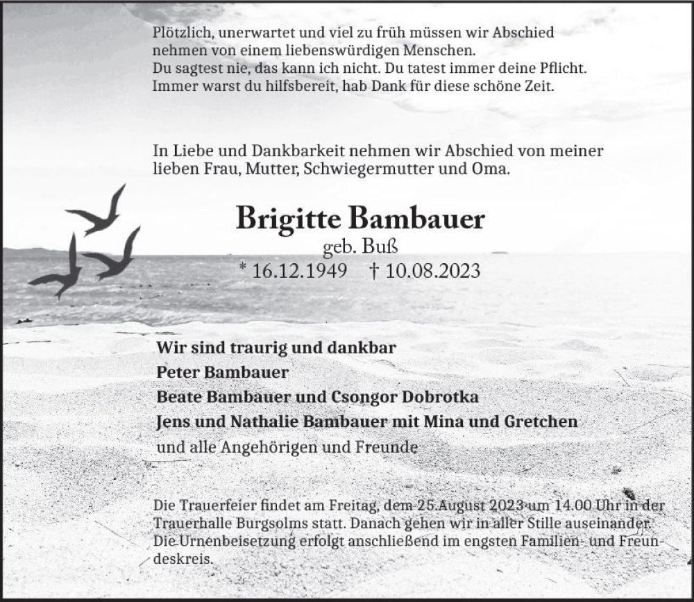  Traueranzeige für Brigitte Bambauer vom 19.08.2023 aus Wetzlarer Neue Zeitung