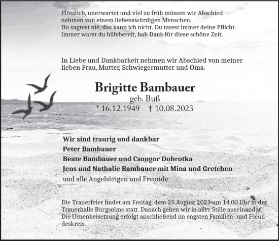 Traueranzeige von Brigitte Bambauer von Wetzlarer Neue Zeitung