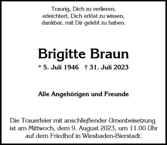 Traueranzeige von Brigitte Braun von Wiesbadener Kurier