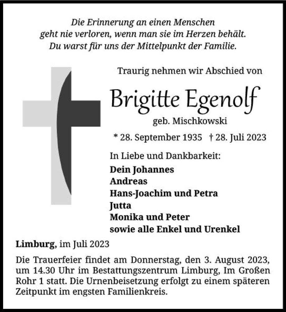  Traueranzeige für Brigitte Egenolf vom 02.08.2023 aus Nassauische Neue Presse