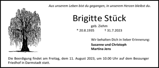 Traueranzeige von Brigitte Stück von Darmstädter Echo
