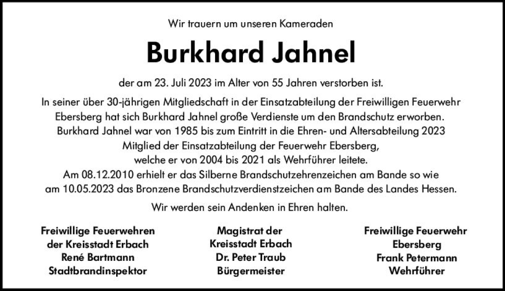  Traueranzeige für Burkhard Jahnel vom 03.08.2023 aus Odenwälder Echo