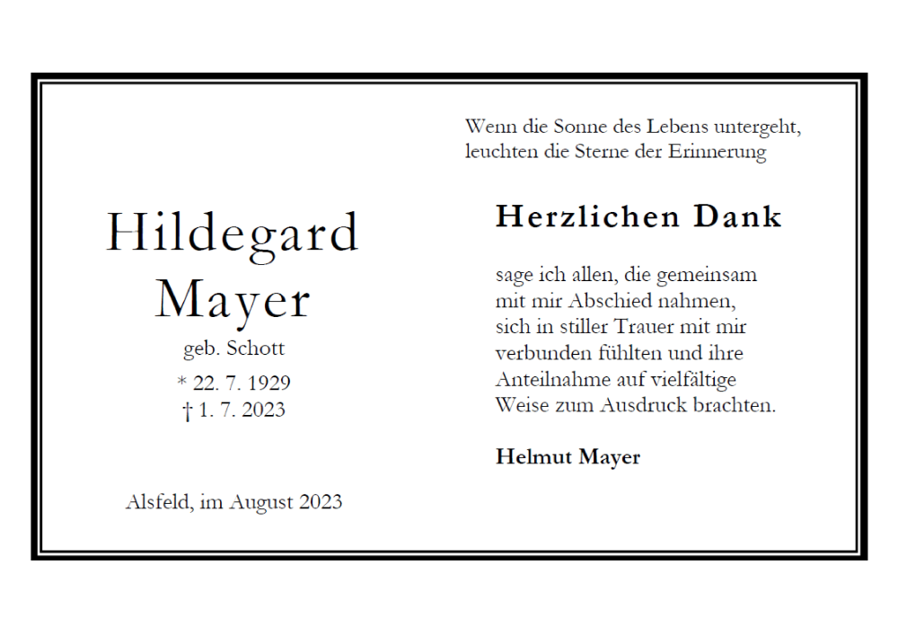  Traueranzeige für Hildegard Mayer vom 25.08.2023 aus VRM Trauer