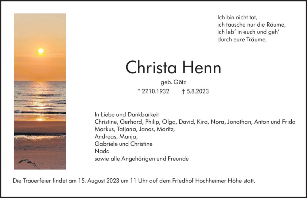  Traueranzeige für Christa Henn vom 09.08.2023 aus Wormser Zeitung