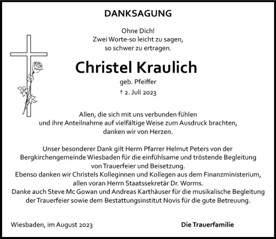 Traueranzeige von Christel Kraulich von Wiesbadener Kurier