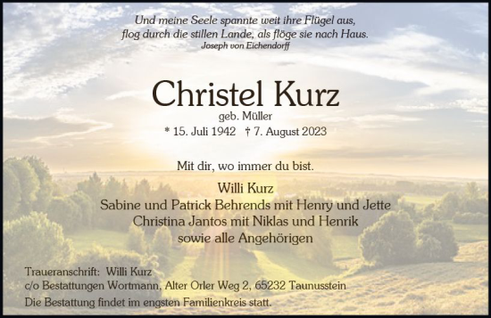 Traueranzeige von Christel Kurz von Wiesbadener Kurier
