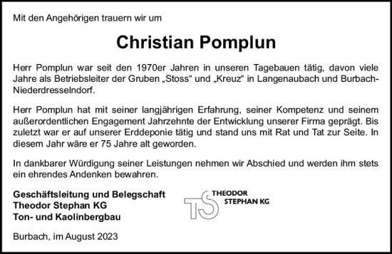 Traueranzeige von Christian Pomplun von Dill Block