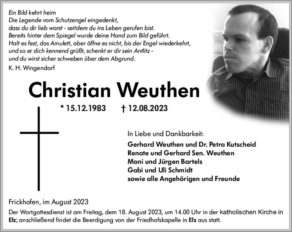  Traueranzeige für Christian Weuthen vom 16.08.2023 aus Nassauische Neue Presse