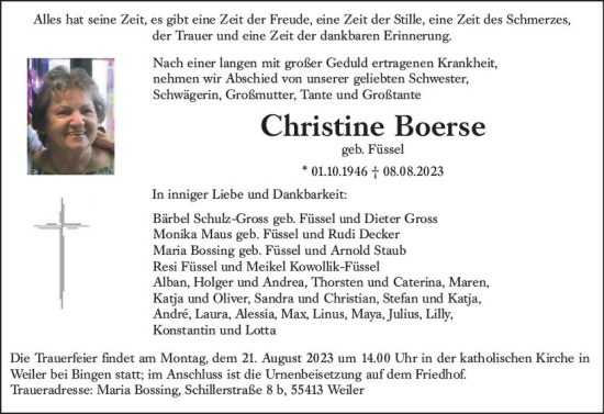 Traueranzeige von Christine Boerse von Allgemeine Zeitung Bad Kreuznach