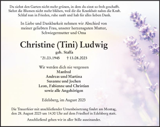 Traueranzeige von Christine Ludwig von Weilburger Tageblatt