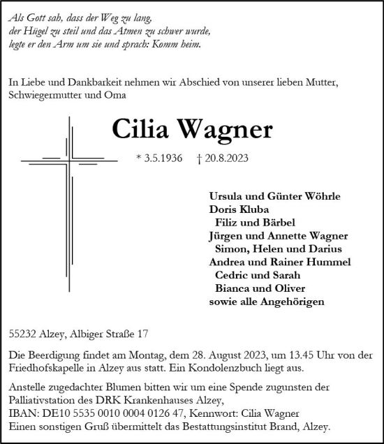 Traueranzeige von Cilia Wagner von Allgemeine Zeitung Alzey