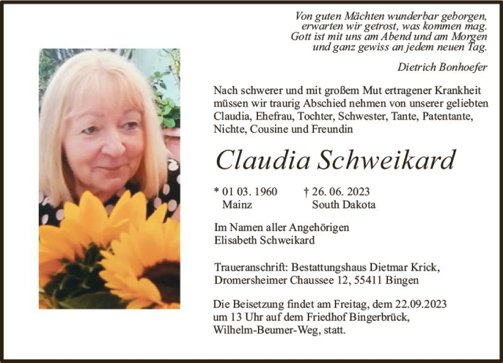  Traueranzeige für Claudia Schweikard vom 05.08.2023 aus Bingen/Ingelheim WOBL inkl. Neue Binger Ztg.
