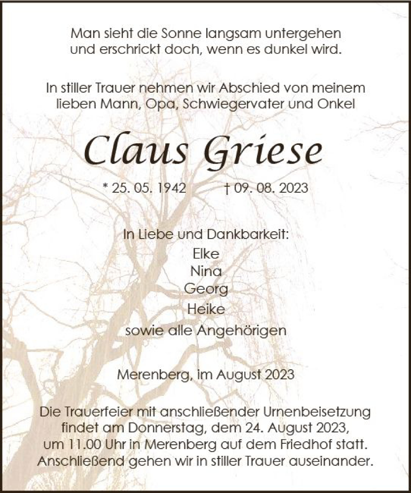  Traueranzeige für Claus Griese vom 19.08.2023 aus Weilburger Tageblatt