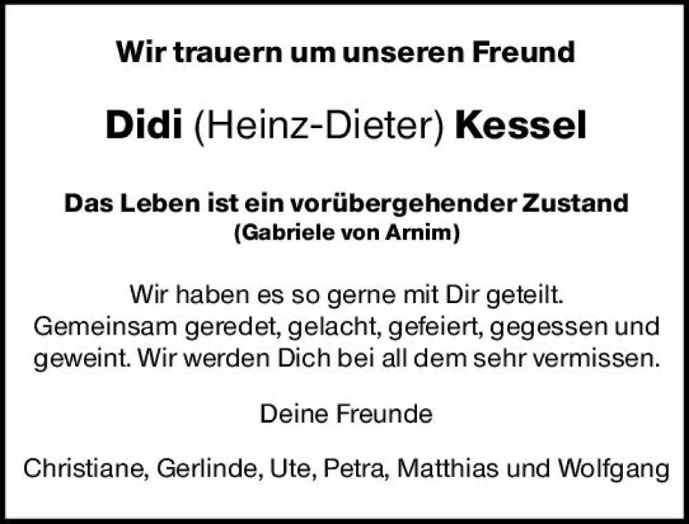  Traueranzeige für Didi  Kessel vom 26.08.2023 aus Allgemeine Zeitung Mainz