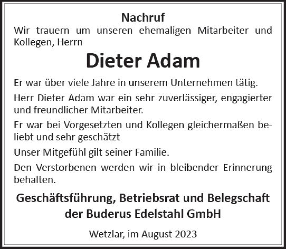 Traueranzeige für Dieter Adam vom 18.08.2023 aus Wetzlarer Neue Zeitung