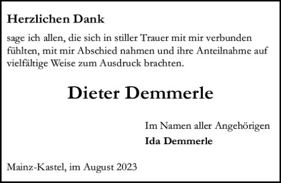 Traueranzeige von Dieter Demmerle von Allgemeine Zeitung Mainz