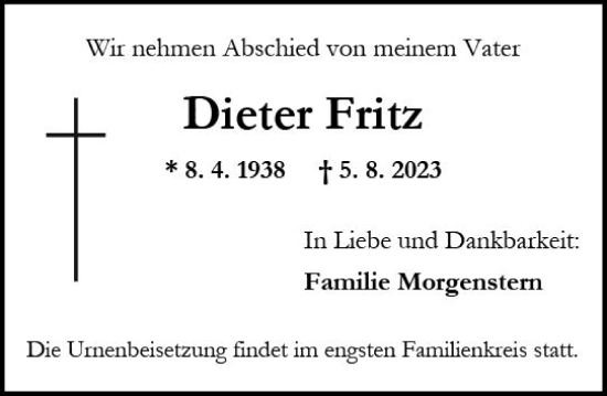 Traueranzeige von Dieter Fritz von Allgemeine Zeitung Mainz