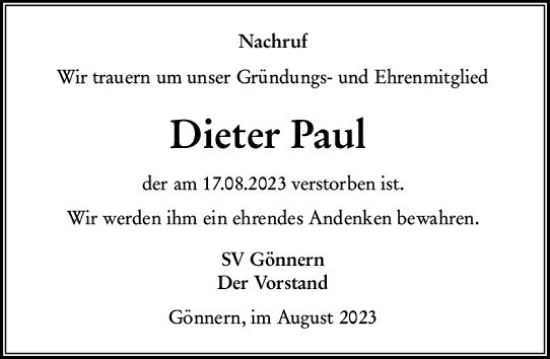 Traueranzeige von Dieter Paul von Hinterländer Anzeiger