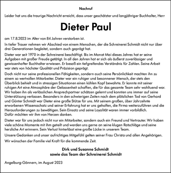 Traueranzeige von Dieter Paul von Hinterländer Anzeiger