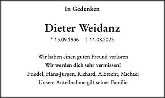 Traueranzeige von Dieter Weidanz von Allgemeine Zeitung Bingen/Ingelheim