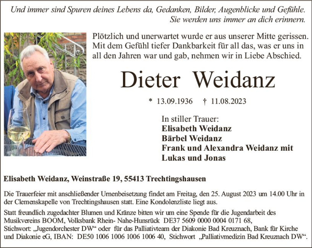  Traueranzeige für Dieter Weidanz vom 19.08.2023 aus Bingen/Ingelheim WOBL inkl. Neue Binger Ztg.