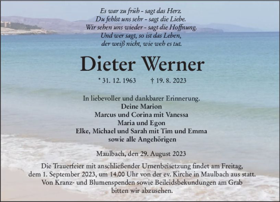 Traueranzeige von Dieter Werner von VRM Trauer