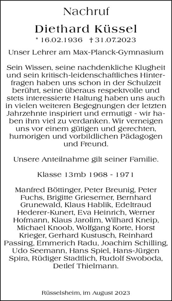 Traueranzeige von Diethard Küssel von Rüsselsheimer Echo