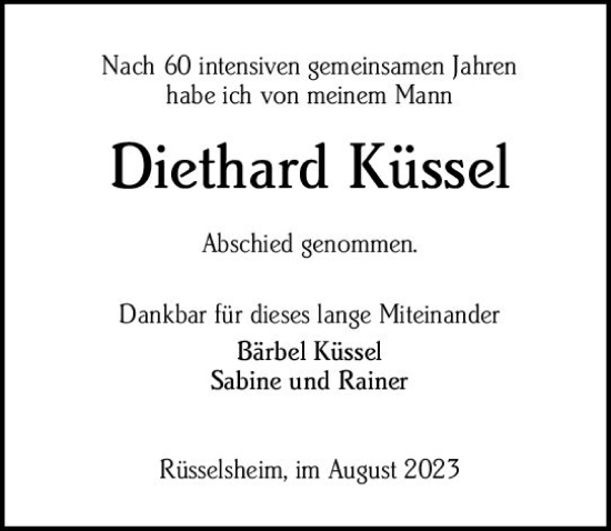 Traueranzeige von Diethard Küssel von Rüsselsheimer Echo
