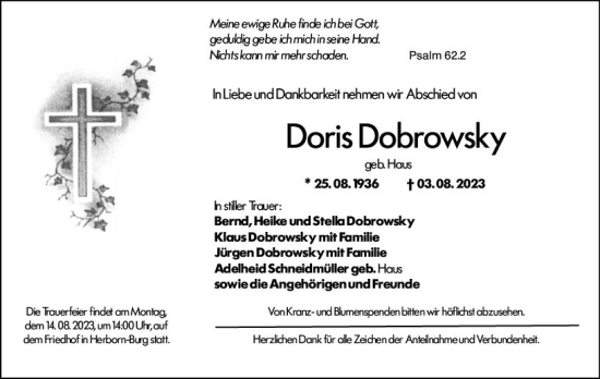 Traueranzeige von Doris Dobrowsky von Dill Block
