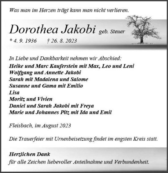 Traueranzeige von Dorothea Jakobi von Dill Block