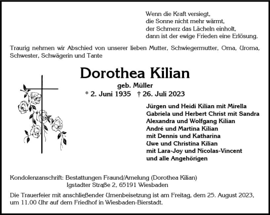 Traueranzeige von Dorothea Kilian von Wiesbadener Kurier