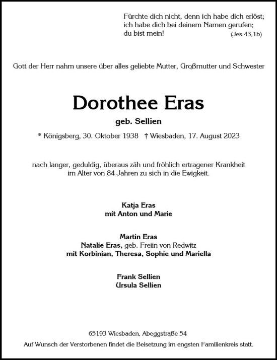 Traueranzeige von Dorothee Eras von Wiesbadener Kurier