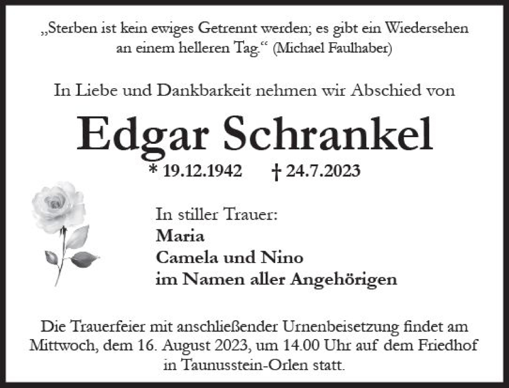  Traueranzeige für Edgar Schrankel vom 05.08.2023 aus Wiesbadener Kurier