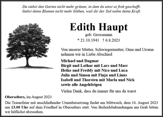 Traueranzeige von Edith Haupt von Camberger Anzeiger